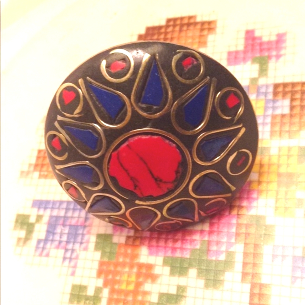 Tribal Polished Lapis Stone Statement Ring - Vintage